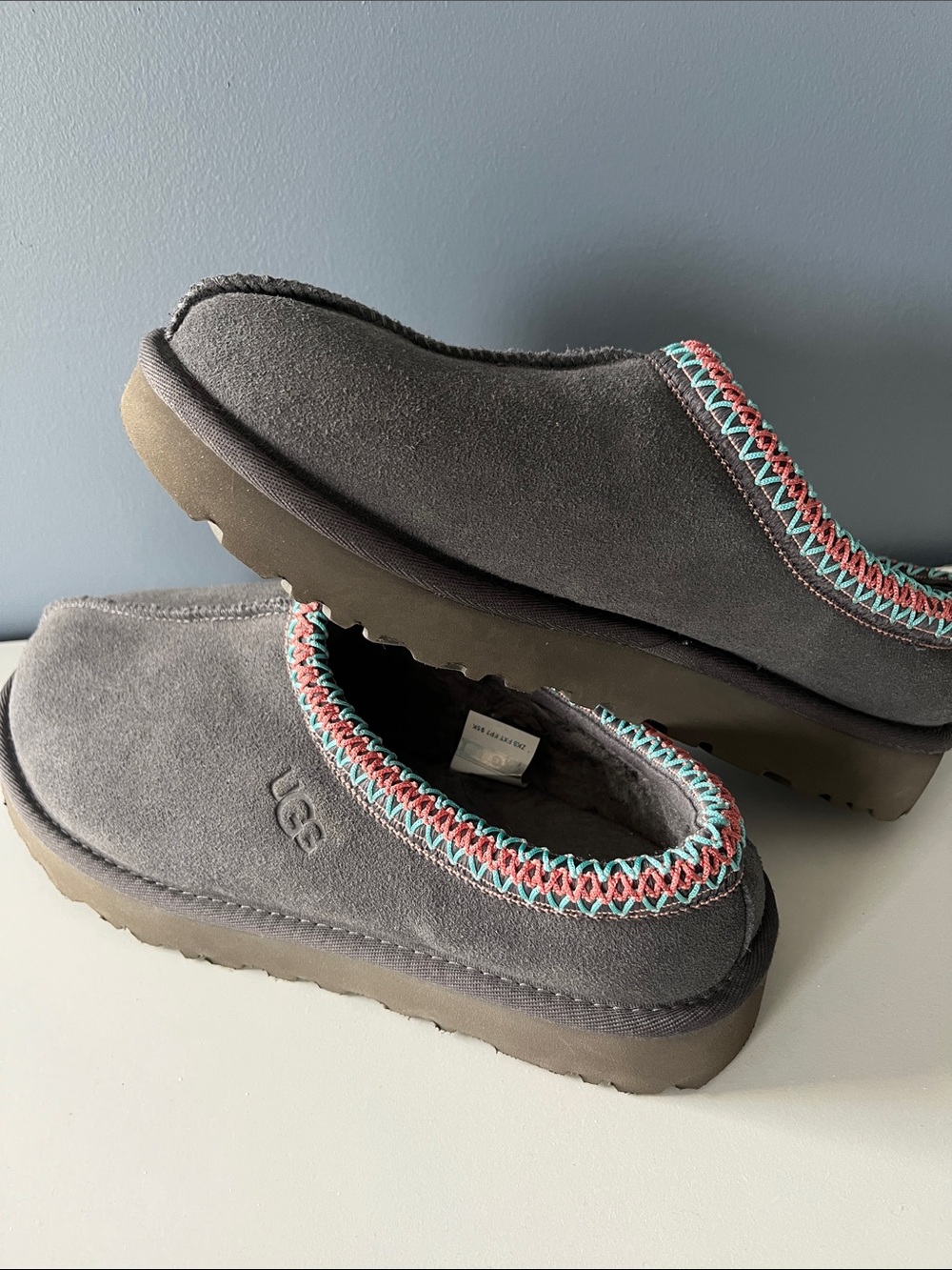 UGG Women’s Gray Suede Tasman with Teal and Coral Trim